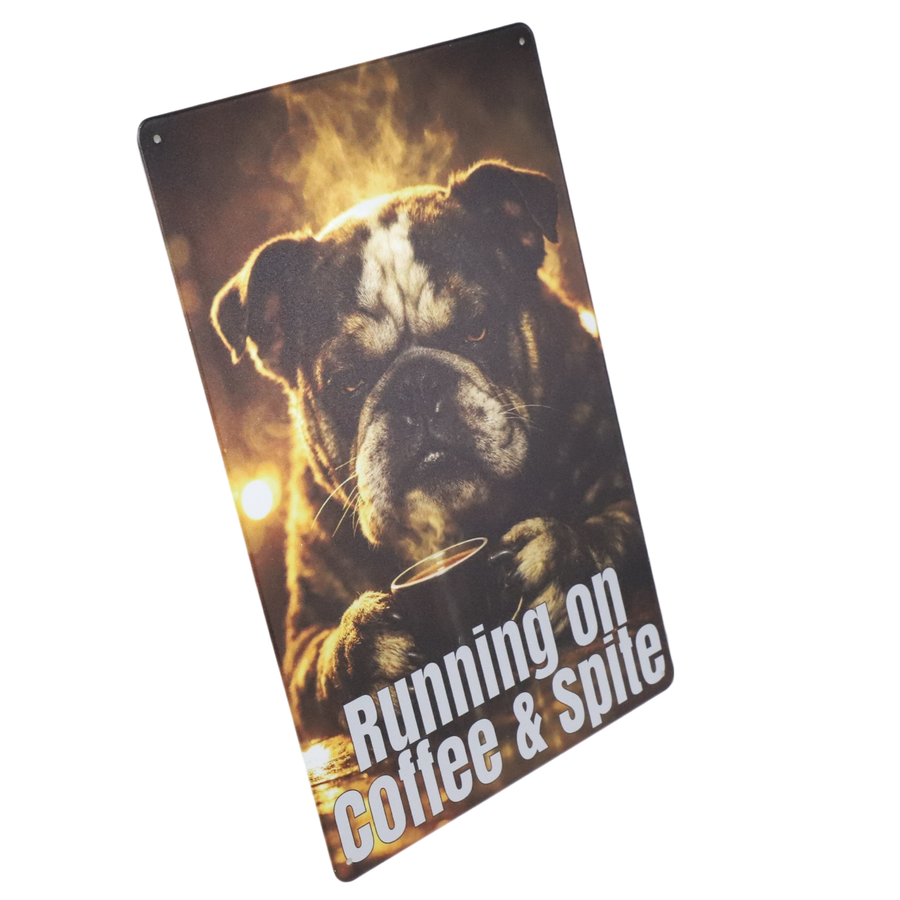 "Running on Coffee & Spite." 20x30cm FUNNY DOG METAL WALL-ART SIGN