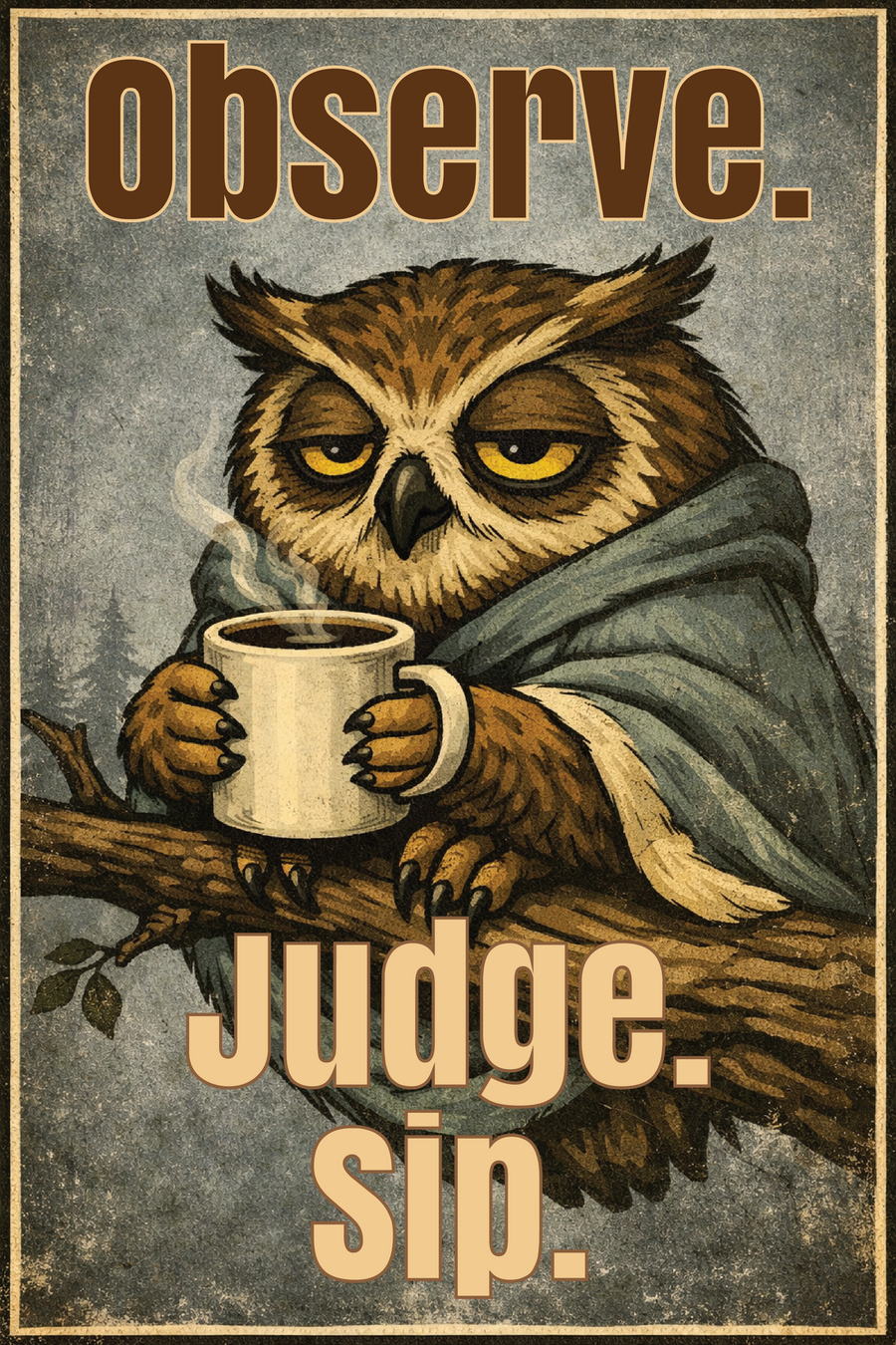 "Observe. Judge. Sip." 20x30cm FUNNY OWL METAL WALL-ART SIGN