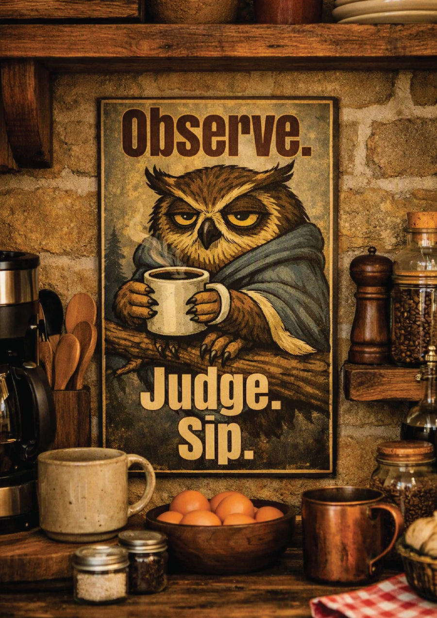 Observe Judge Sip owl metal sign corner mounting holes