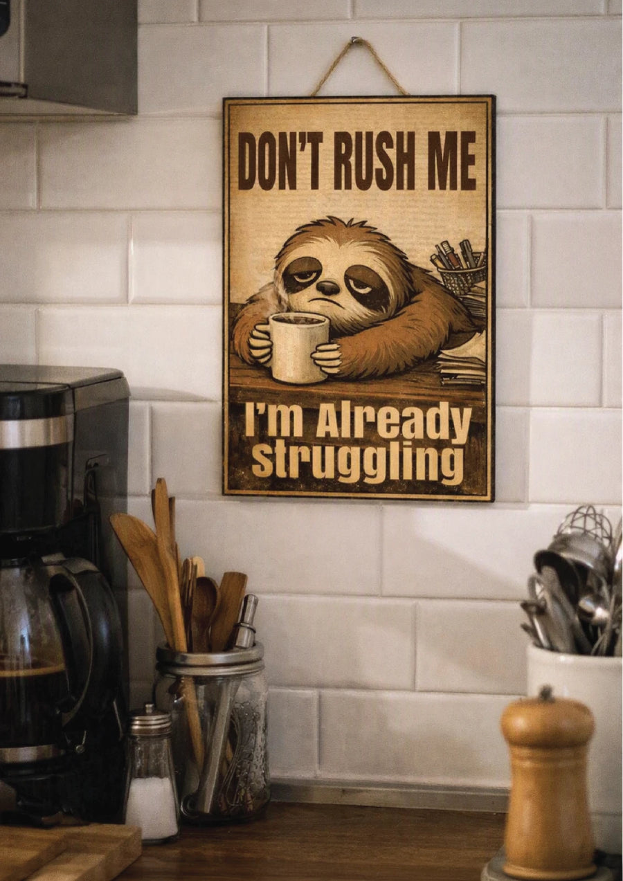 Don't Rush Me sloth metal sign back
