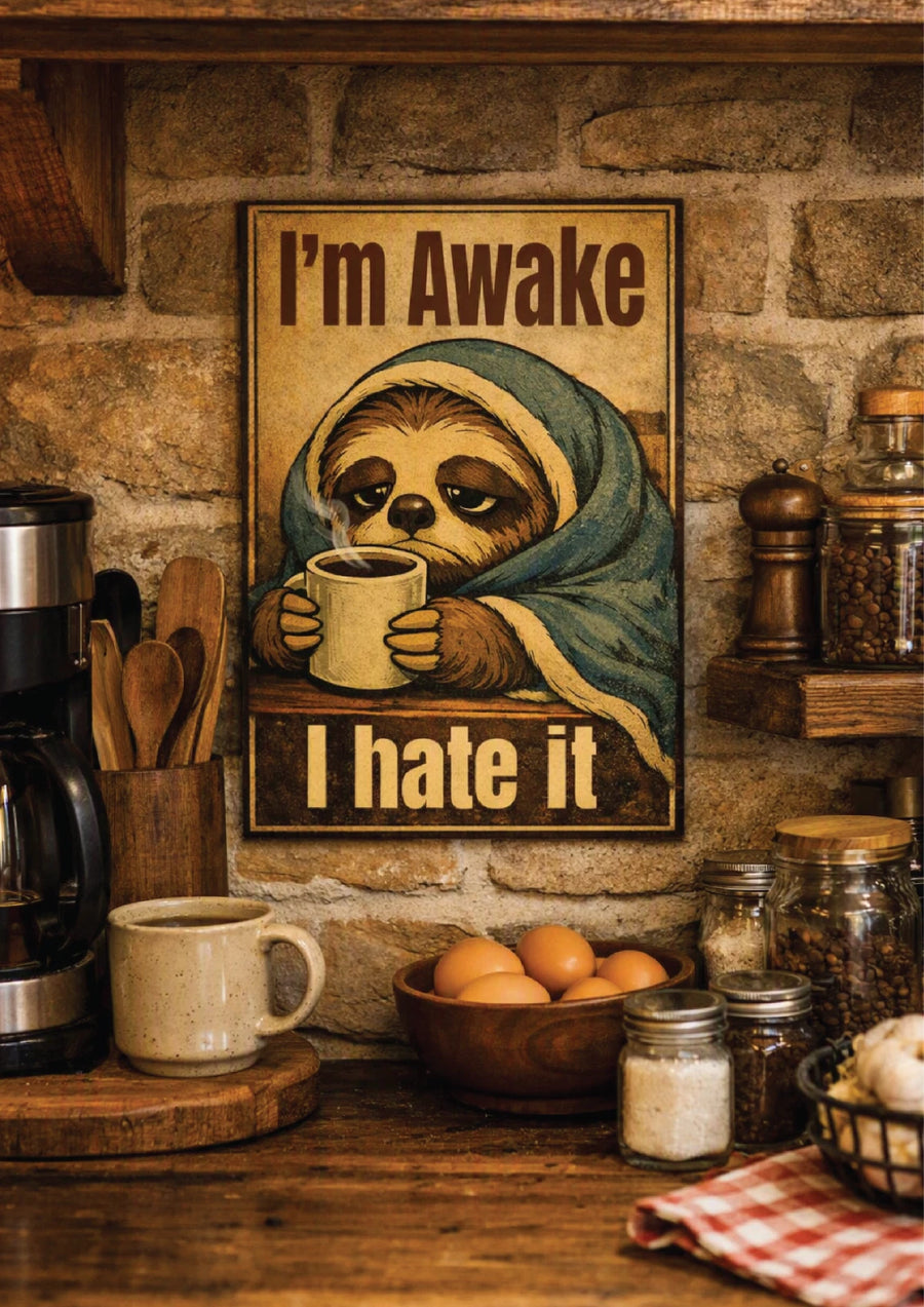 Im awake I hate it sloth metal sign corner mounting holes