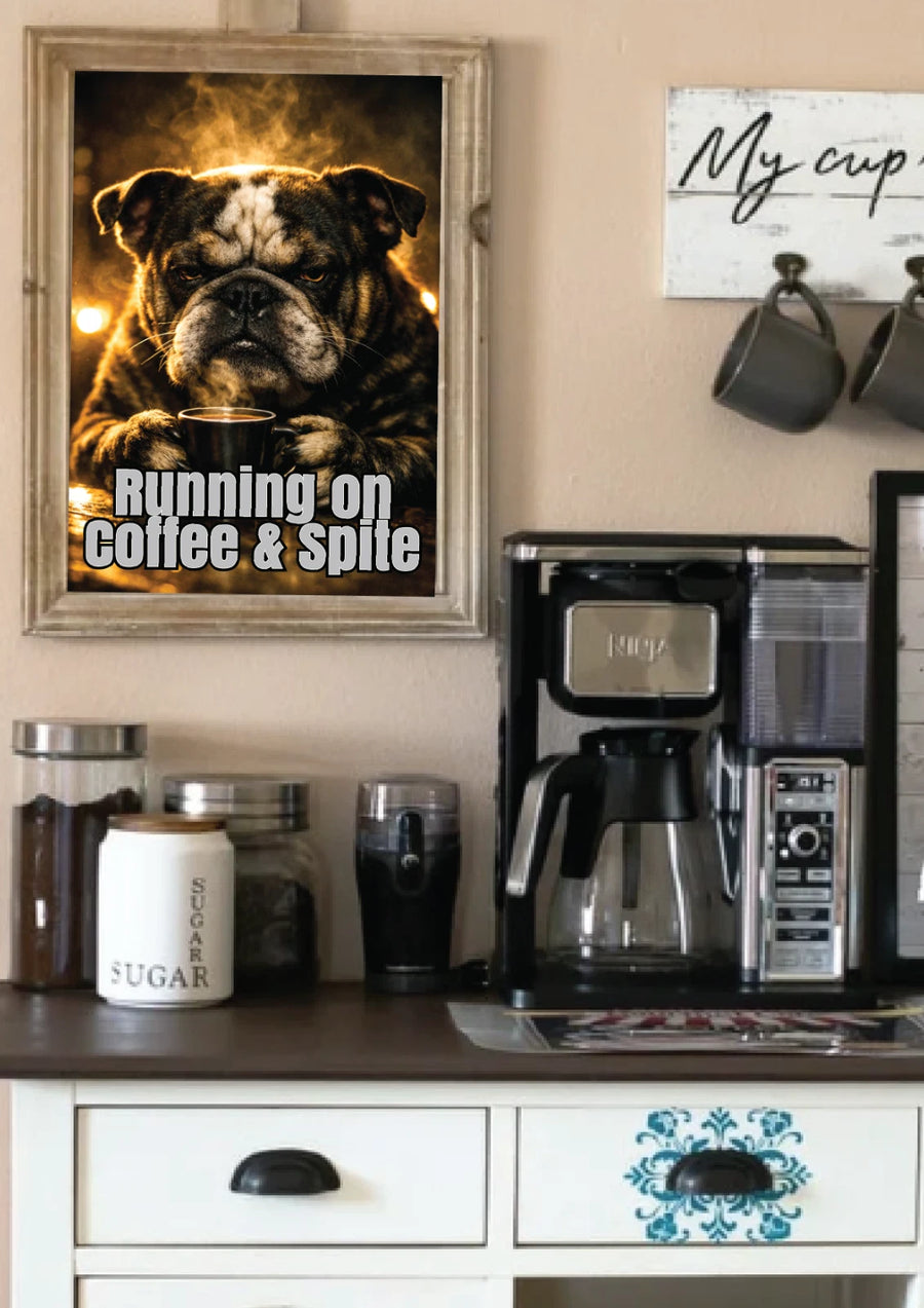 Running on Coffee and Spite metal sign corner mounting holes