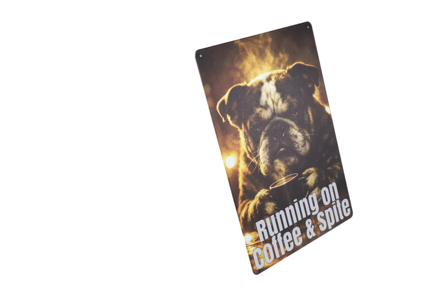 Running on Coffee and Spite metal sign back